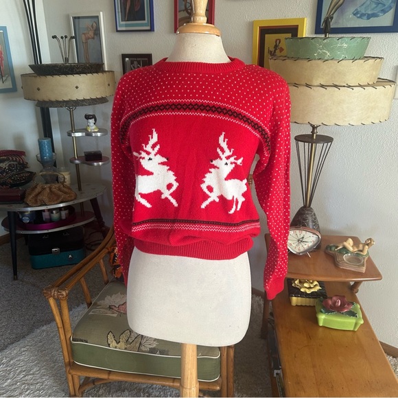 Vintage 1940s Style Sweater l Red | Deer | L l 80s l 40s | Holiday | Novelty - Picture 2 of 7
